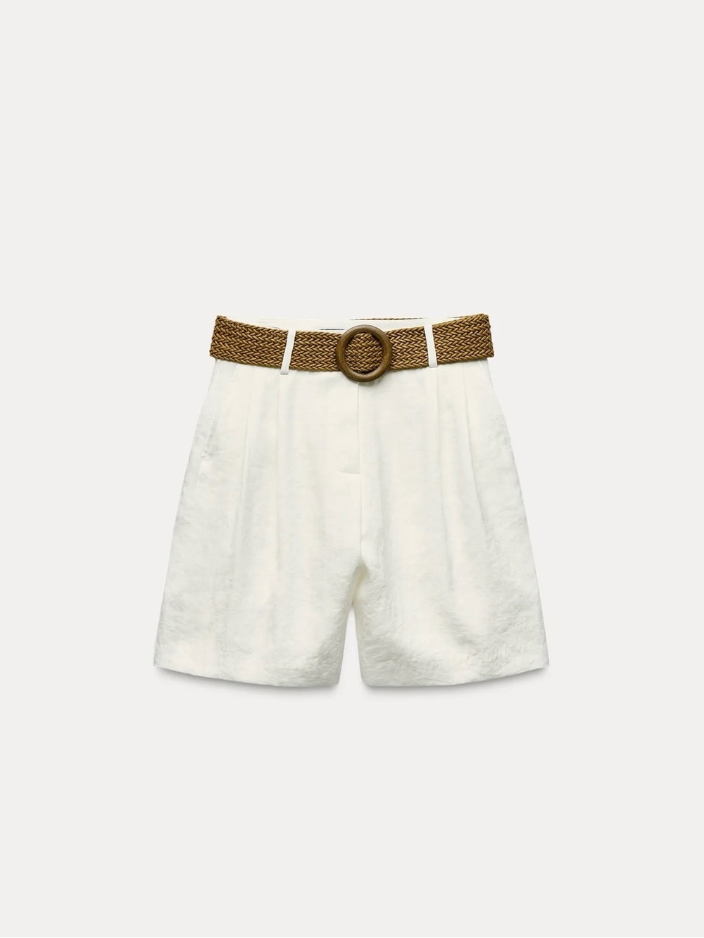 Zara White Linen Blend Shorts with Braided Tan Belt